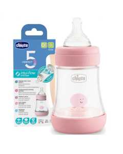 Chicco Perfect5 Pink Silicone Baby Bottle Slow Flow 0M+ 150ml