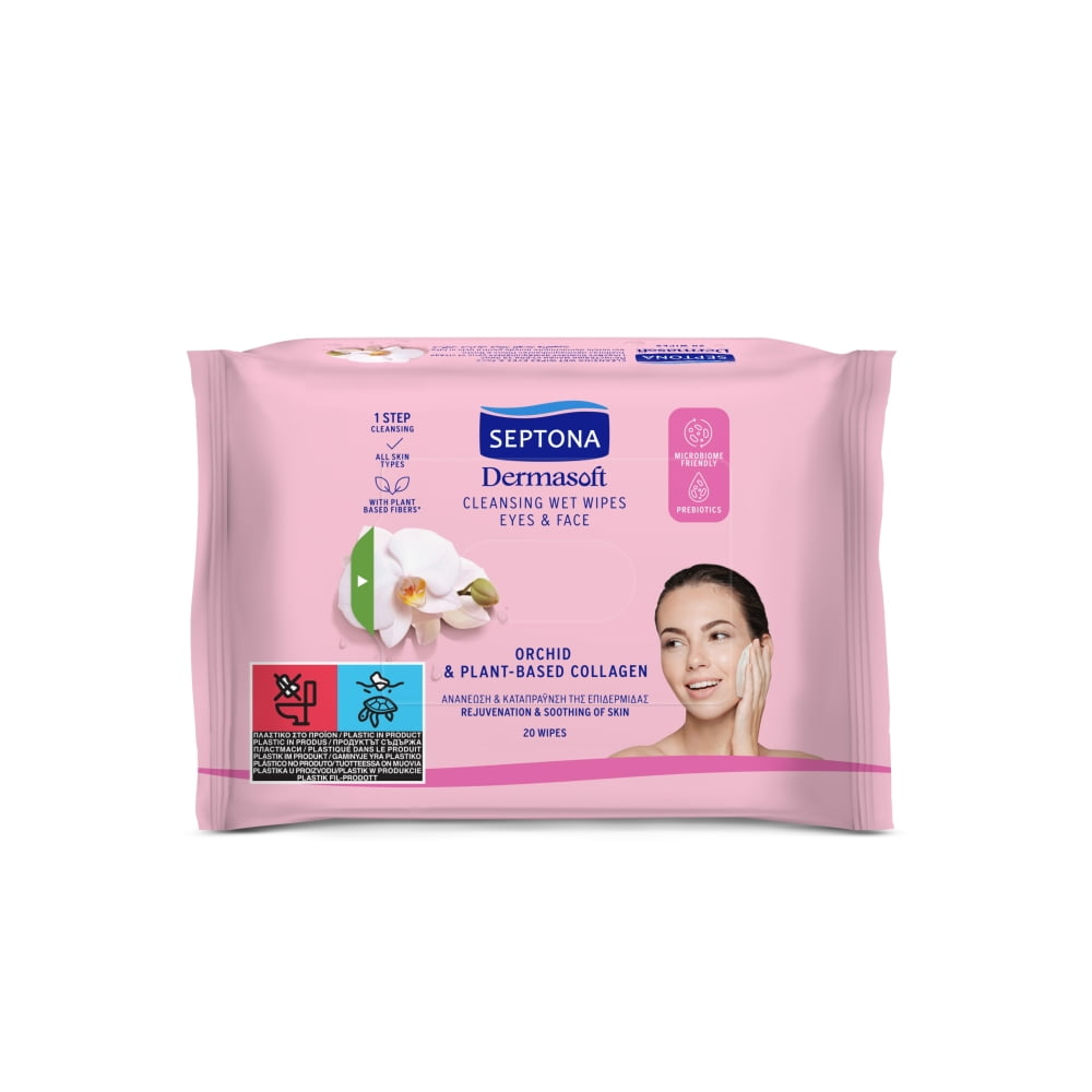 Septona Dermasoft Orchid & Plant-Based Collagen Cleansing Wet Wipes Face & Eyes 20 wipes